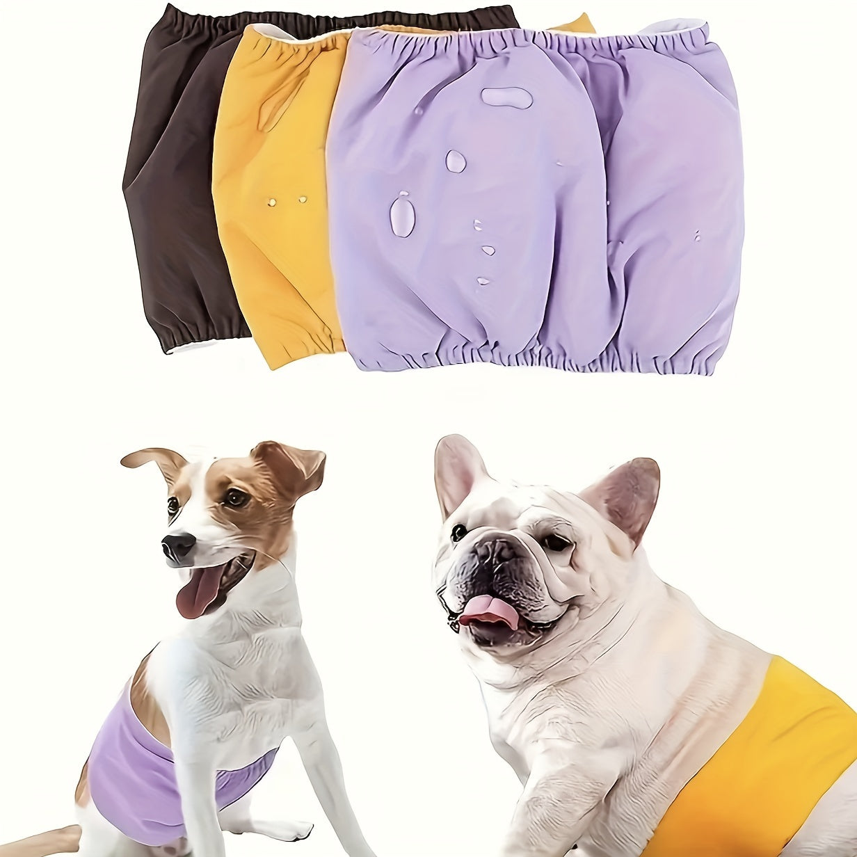 Washable and reusable dog belly band diapers for male dogs. Leakproof with magic tape closure for a comfortable fit. Made of durable blended material. Target species: Dogs.