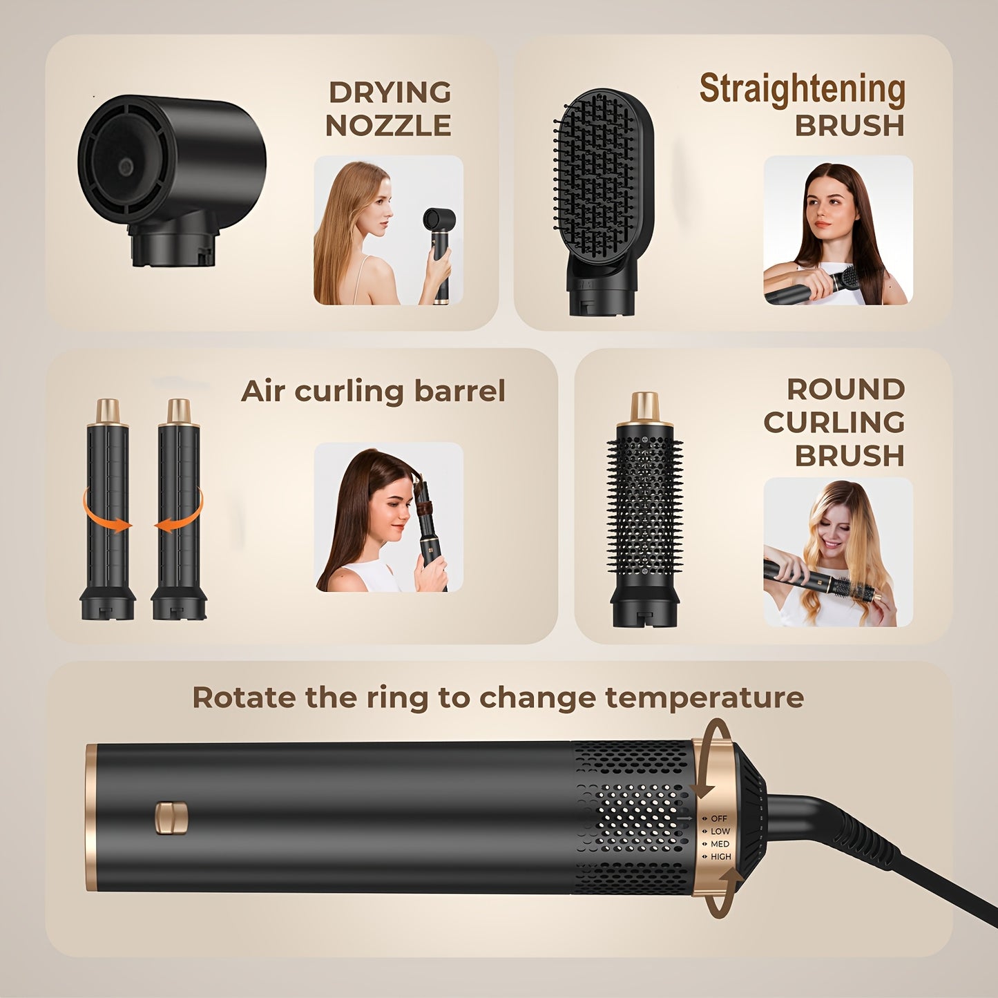 5-in-1 Hot Air Comb Set with Hair Dryer, Curling Iron, and Straightening Brush