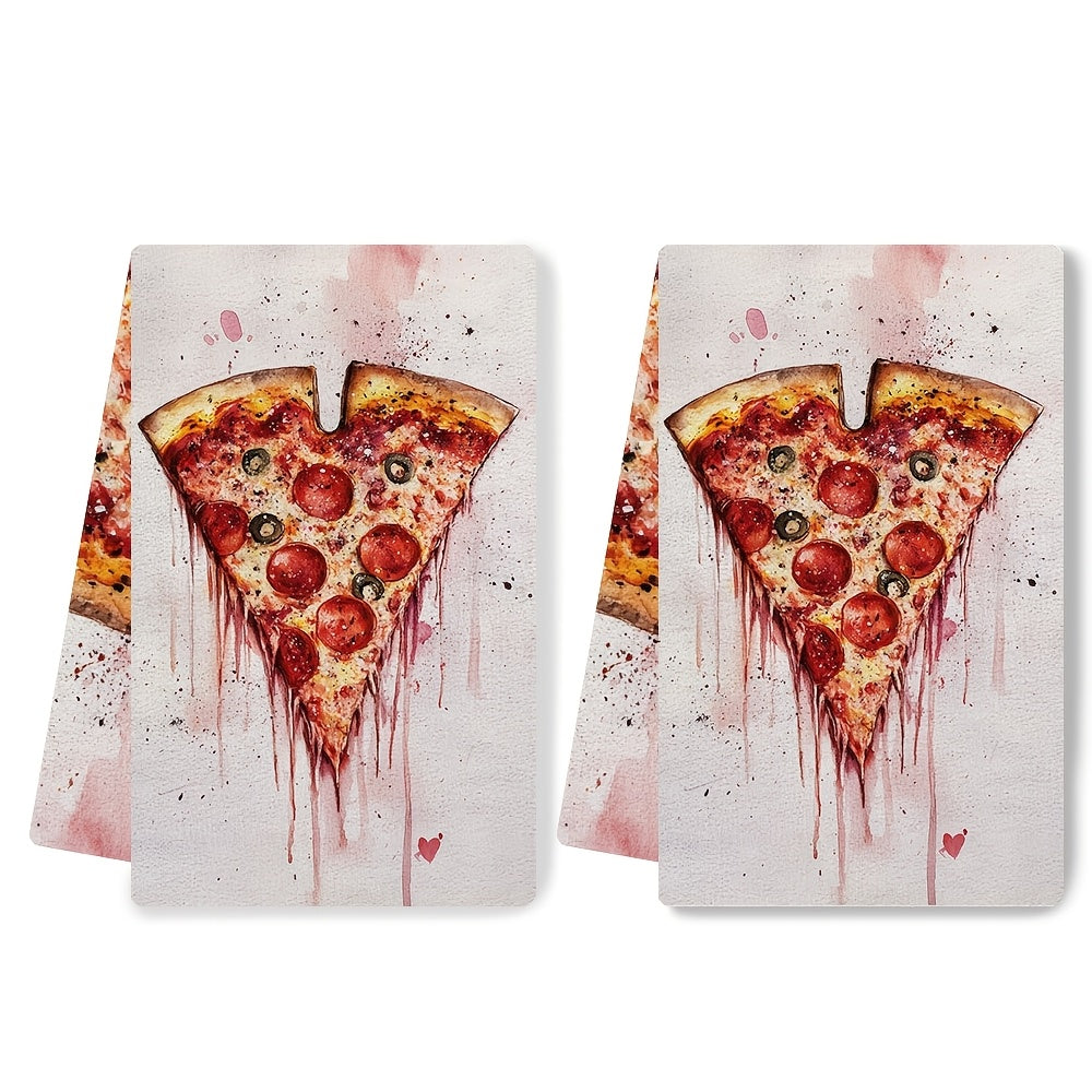 Set of 2 Ultra Soft Kitchen Towels in Valentine's Day Pizza Love Theme. Highly Absorbent and Machine Washable Dish Hand Towels, measuring 40.64x60.96 cm. Featuring a Contemporary Style, made of Polyester perfect for Holiday Decor. These Kitchen Hand