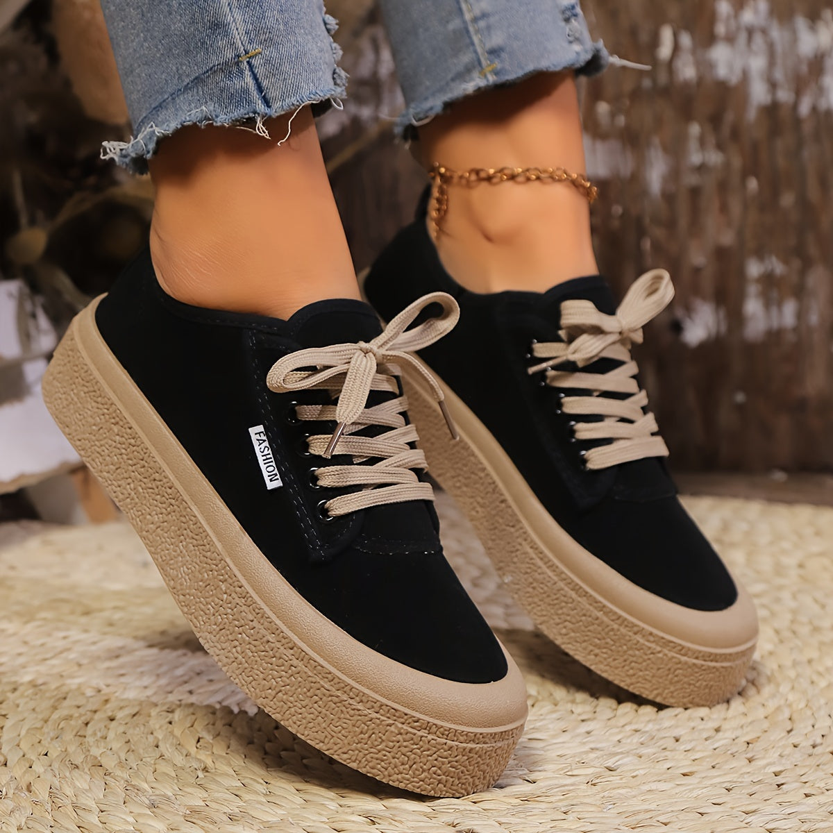 Chunky platform sneakers for women with summer canvas fabric, lace-up design, solid color, rubber sole, and non-washable.