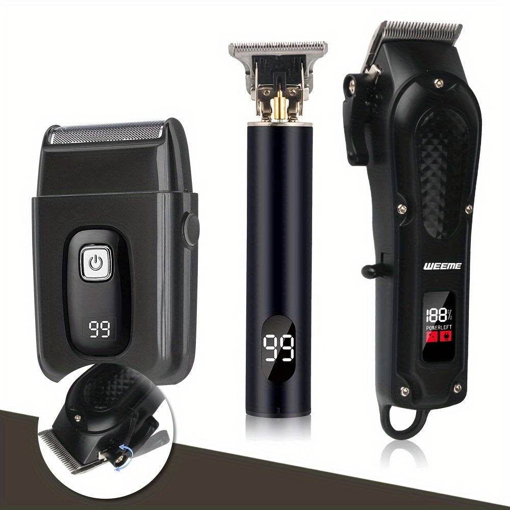 Introducing the WEEME New Technology Black Light Digital Display Three-piece Set - Electric Hair Clipper, T-shaped Trimmer, and Reciprocating Razor. Professional haircut and shaving in one