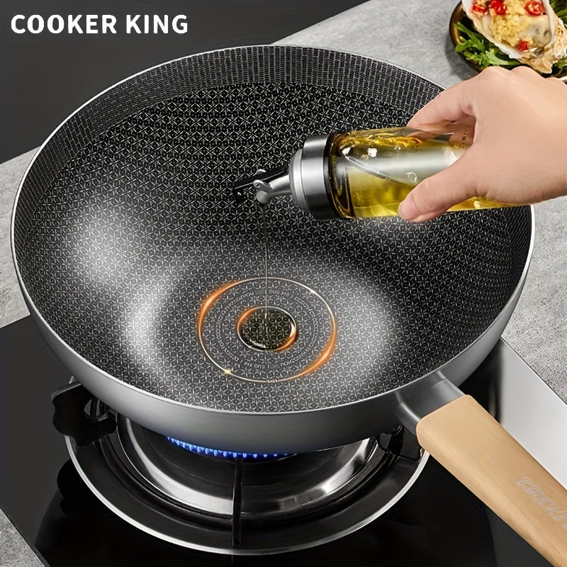 The COOKING KING Non-Stick Stainless Steel Wok Pan with Lid is PFOA Free and safe to use in the dishwasher and oven. It is also compatible with induction cooktops, making it a perfect choice for home kitchens.