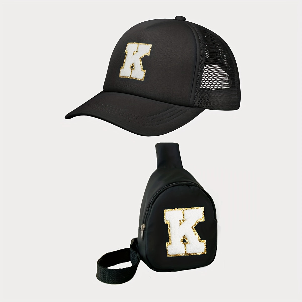 Children's Alphabet Baseball Cap and Shoulder Bag Set made of polyester material with a breathable, season-neutral design. Features a fitted cap with a buckle closure suitable for daily and