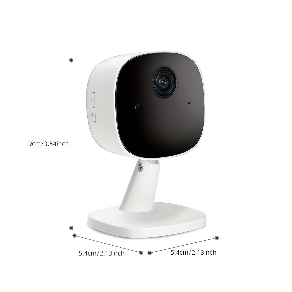 1080P HD WiFi camera with voice intercom, night vision, motion alerts, and remote mobile viewing. USB powered for indoor/outdoor surveillance. Sleek white design with high-definition lens