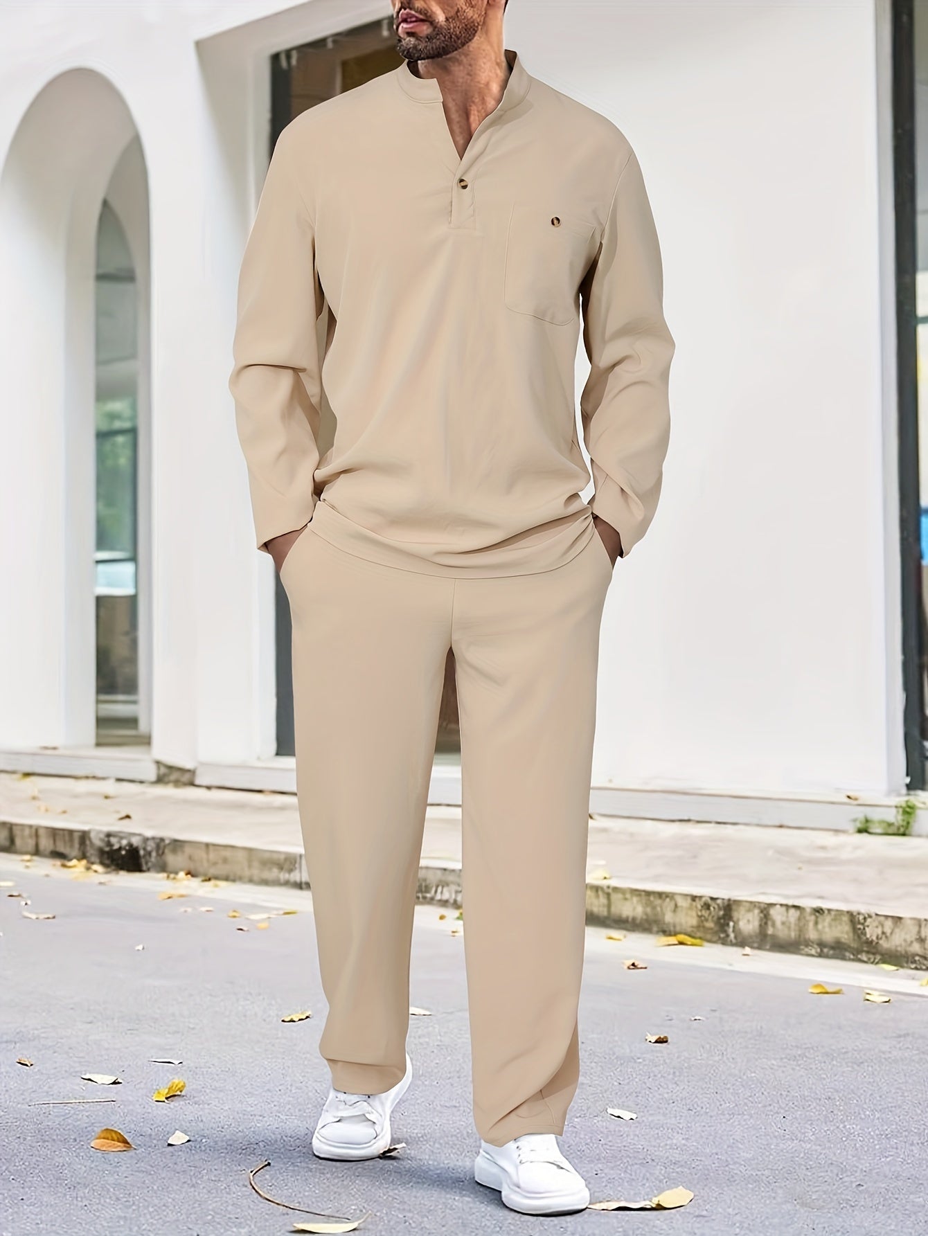 Men's Casual Polyester Sweatsuits with Collared Neck, Solid Color, Slight Stretch Fabric, Pocket Detail - Spring/Fall Woven Lash Sets with Regular Fit Long Sleeve Shirt and Drawstring Pants