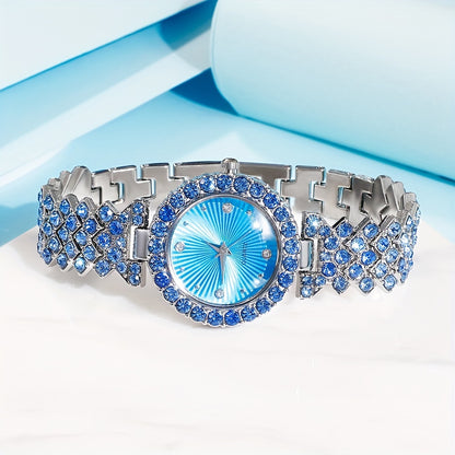 5 elegant women's quartz watch and heart-shaped gemstone jewelry set in glamorous blue crystal wristwatch with zinc alloy band, paired with sparkling necklace, earrings, and ring. Ideal for