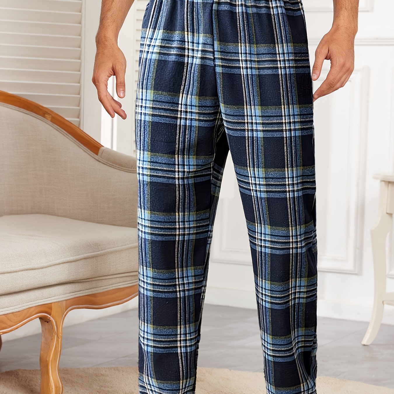 Men's Cozy Plaid Lounge Pants for Fall/Winter - Polyester Blend, Elastic Waistband, Machine Washable, Blue and White Checkered Design, Sleepwear|Casual|Comfortable