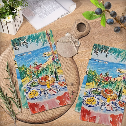 Get 2 ultra soft kitchen towels inspired by Matisse's 'Le Bonheur De Vivre'. These highly absorbent and machine washable dish hand towels feature a vibrant coastal scene design, making them ideal for holiday decor. Sized at 40.64x60.96 cm, these artistic