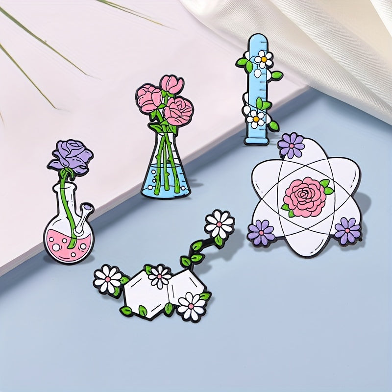 A set of five cartoon science lab brooches featuring zinc alloy chemistry floral vials and atom designs. Perfect for teachers, students, or anyone looking for a creative and unique accessory for their clothing or backpack. Ideal for daily wear or as a