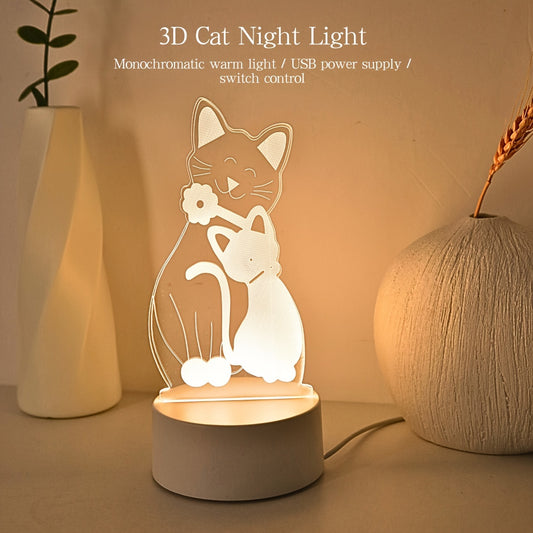 Monochrome 3D cat night light with USB power switch control, perfect for decorating bedroom, family room, and bedside table. Ideal for festivals and birthday gifts.