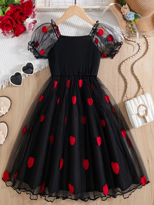 Festive Fun: Cute Girls' Black & Red Heart Mesh Dress - Casual, A-Line, Ideal for Parties & Outings, Summer Ready, Machine Washable