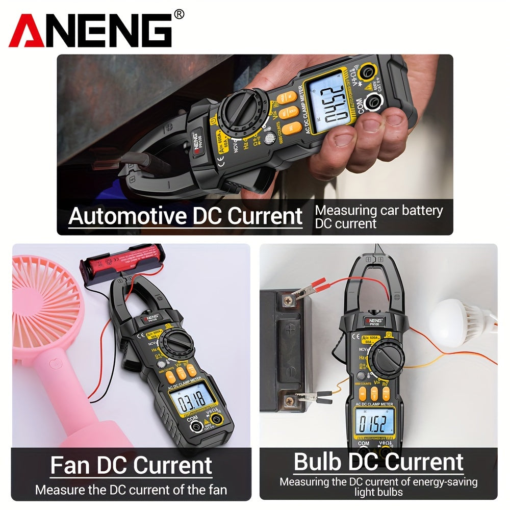 ANENG PN108 Clamp Meter with 6000 counts for measuring AC/DC voltage, 600A current, resistance, capacitance, and high precision testing.