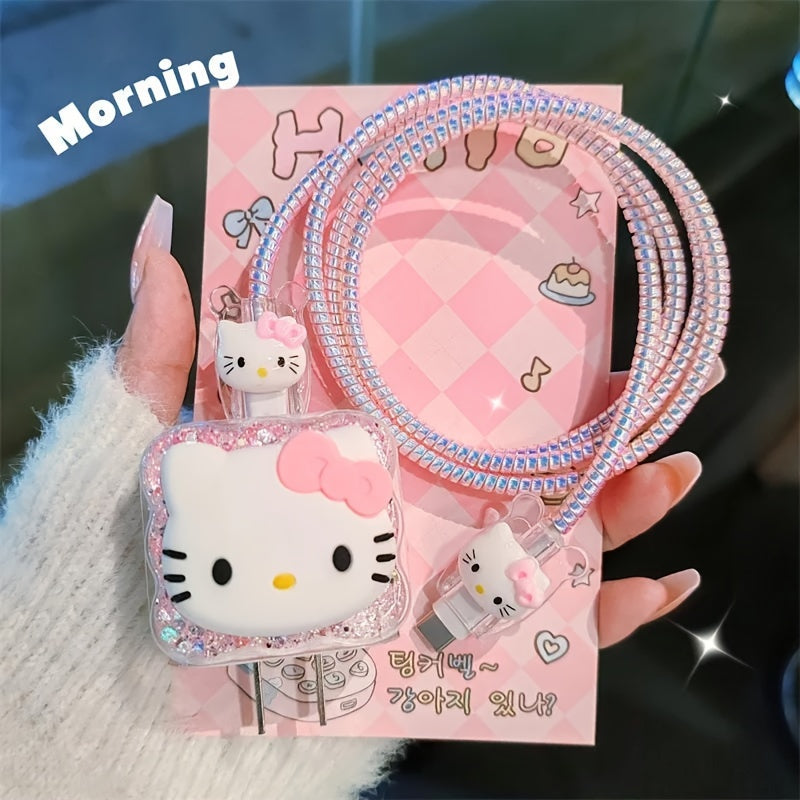 Sanrio Hello Kitty Pink Charger and Cable Protector Set - High-Quality, Battery-Free Design Compatible with Apple 18W/20W Adapters, Includes Sparkling Rhinestone Cable, Clear Charger Case