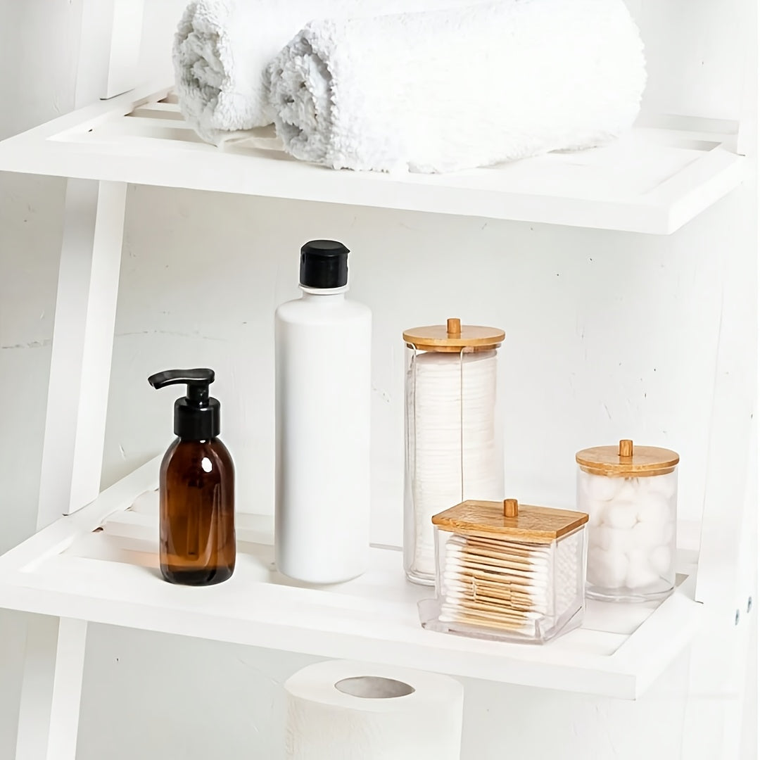 3-piece makeup organizer set with bamboo lids for bathroom vanity, dust-proof and portable with swab and pad holder.