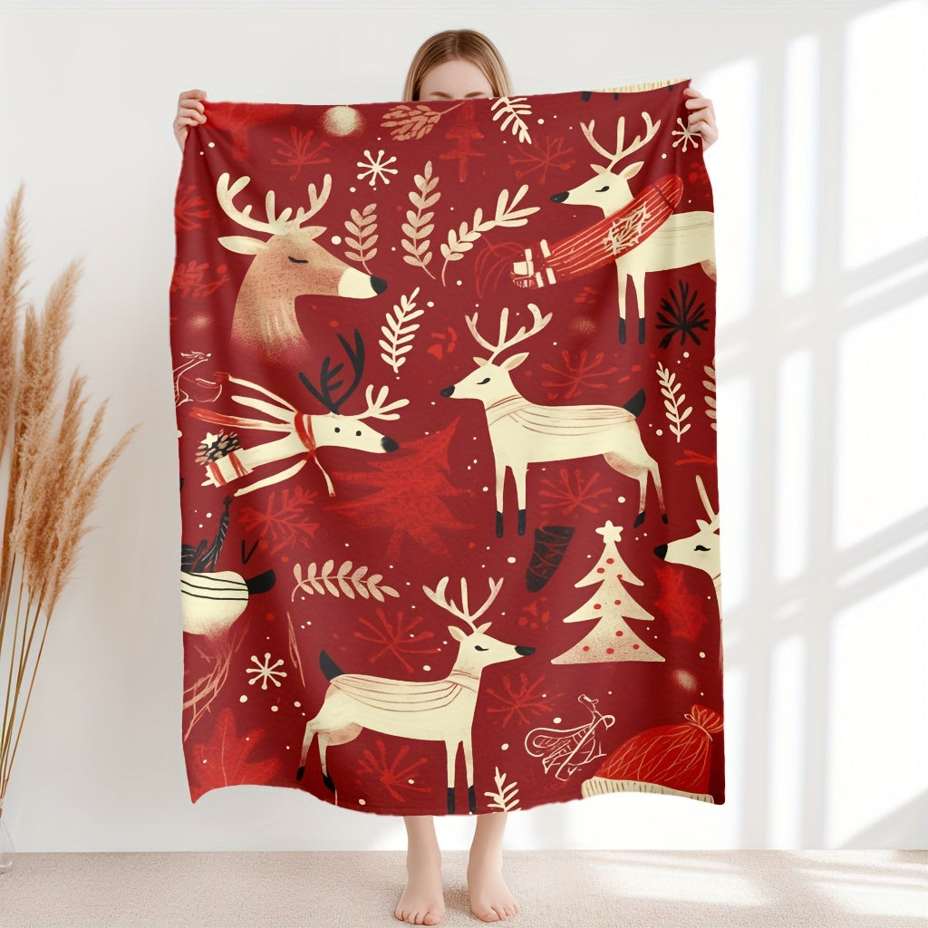 Stay cozy and festive with our 1pc Contemporary Style Red Christmas Reindeer Flannel Throw Blanket. This lightweight blanket is soft, warm, and comfortable, making it perfect for snuggling up on the sofa, taking a nap at home or in the office, camping