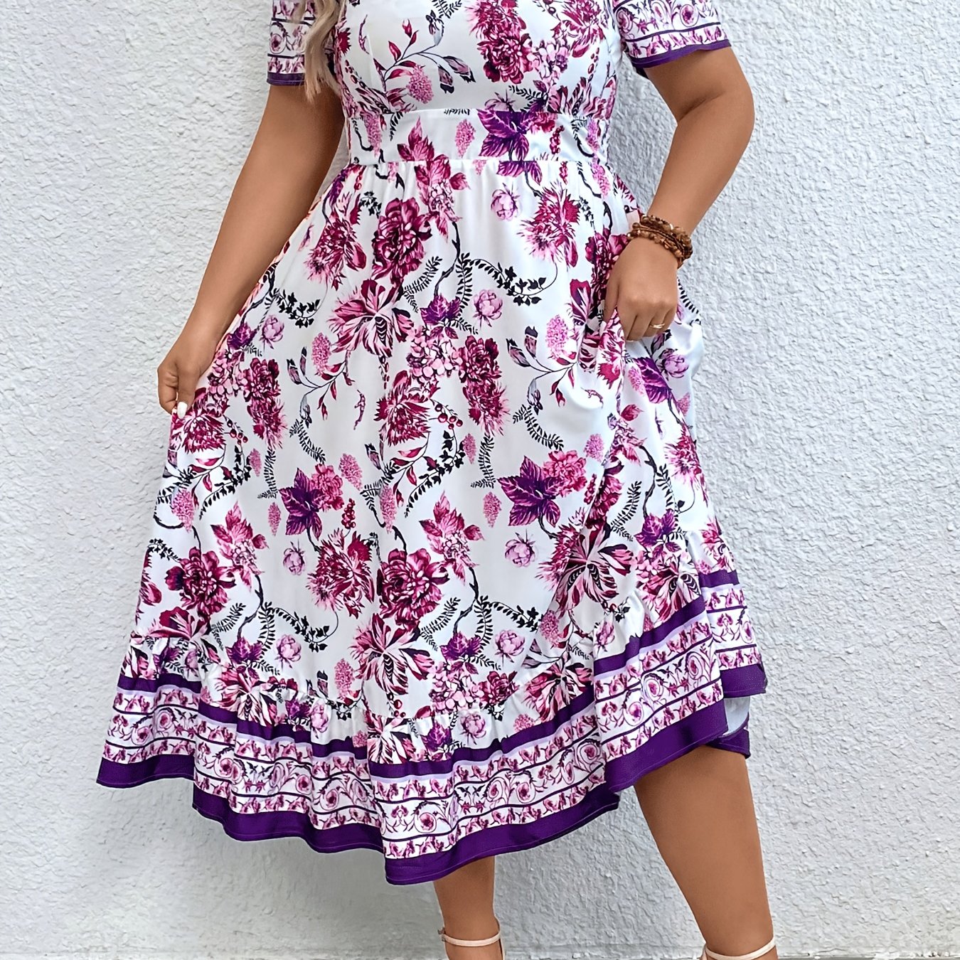 Floral Print Ruffle Hem Plus Size Dress, Casual Short Sleeve for Spring & Summer