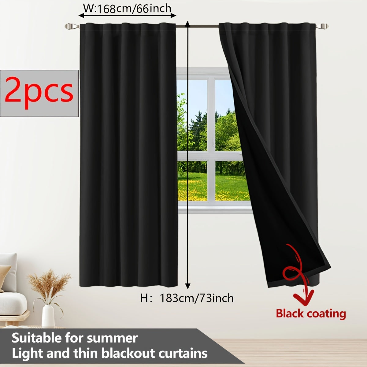 Two pieces of contemporary blackout curtains made from thermal insulated twill weave polyester. They are designed to reduce noise and block out light, making them perfect for the living room, bedroom, or study. These curtains feature a hook and ring rod