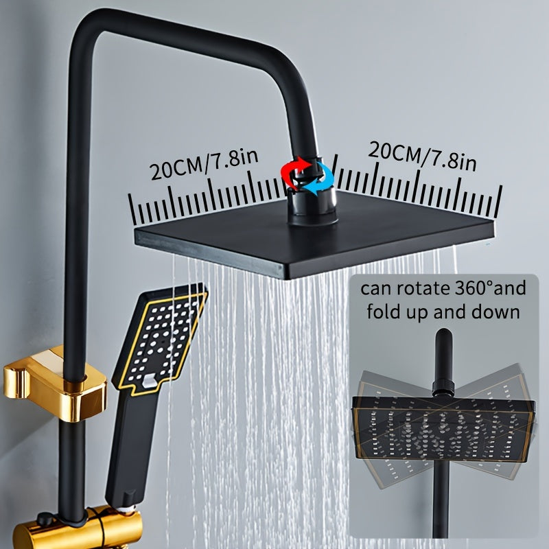 Modern black and gold bathroom shower system with rain showerhead, handheld, tub faucet, and hot/cold water mixer. Made of luxurious brass.