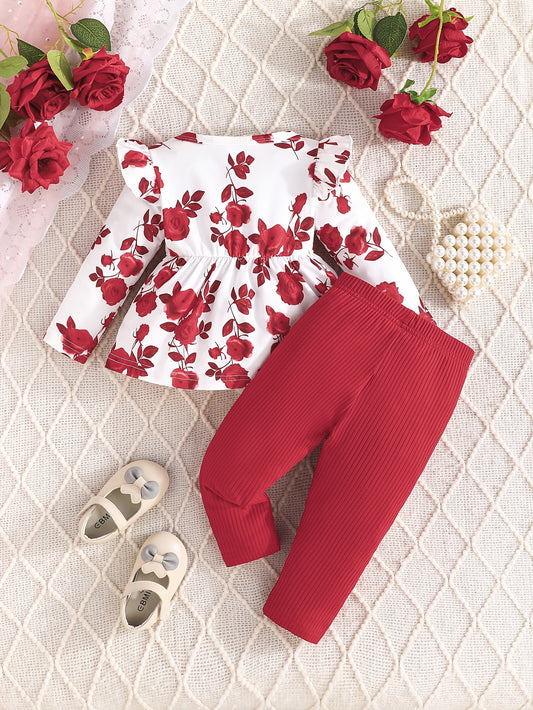 Girls' floral print top with bow detail and matching pants set in cute polyester knit fabric. Regular fit for outdoor activities.