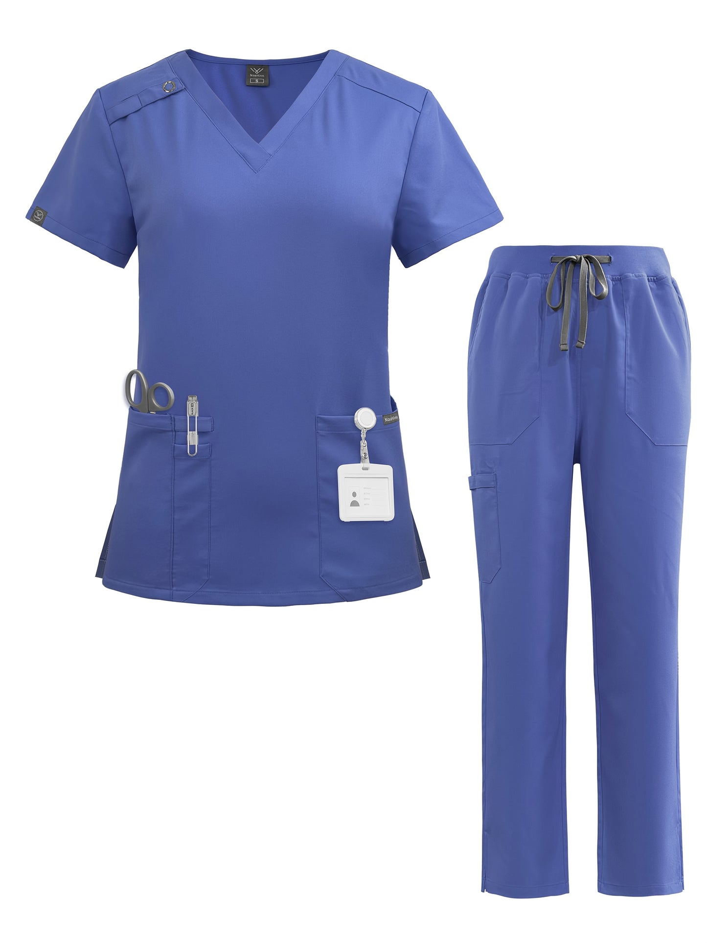 Short Sleeve Unisex Polyester Spandex Scrubs Set with Pockets, Ideal for Hospital Work in Pharmacy, Dental, and Surgery - Solid Color, All-Season Wear