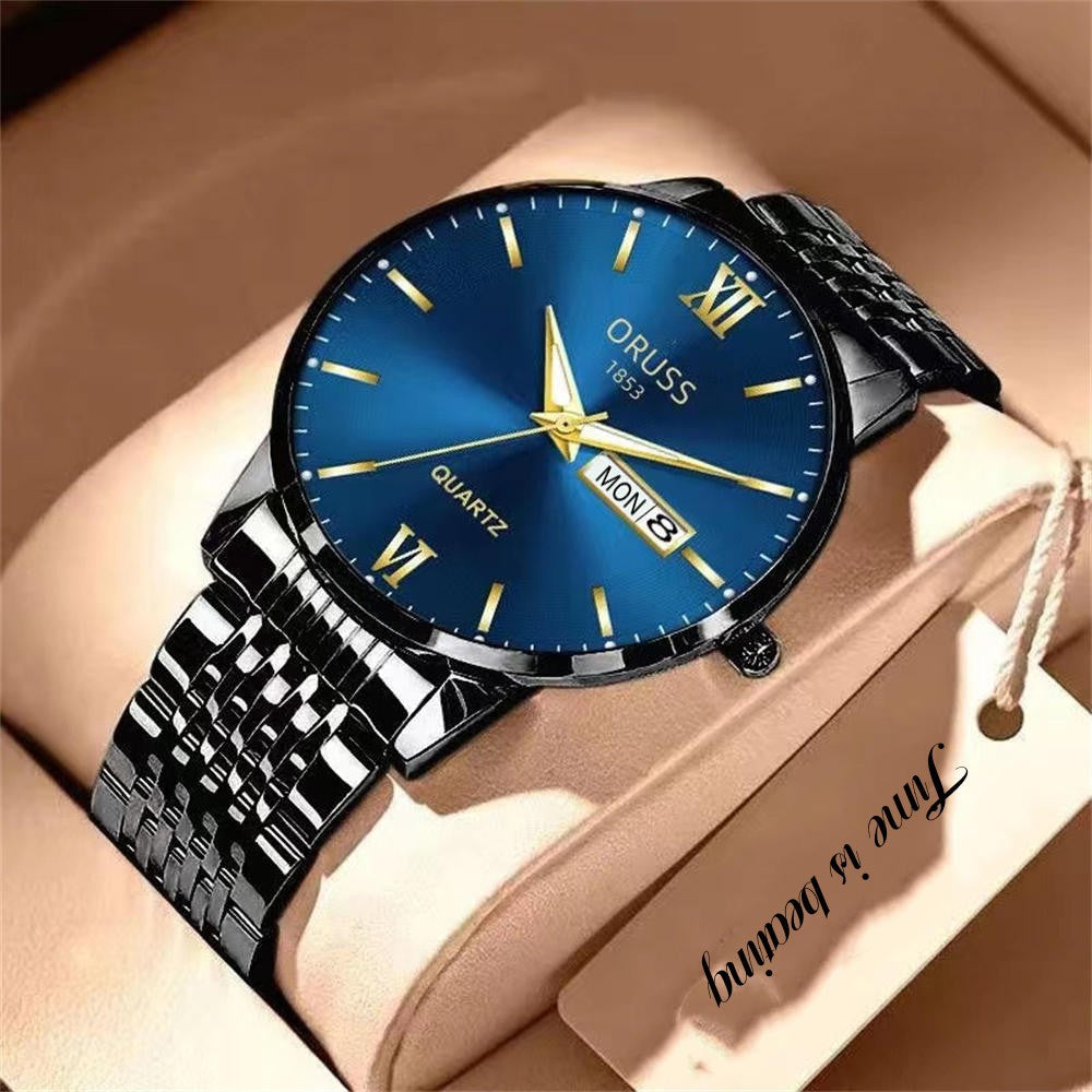 High-quality waterproof men's watch with glow-in-the-dark features and a calendar, perfect for the modern man looking to stay on trend in 2022. This steel watch is a stylish and practical gift option.