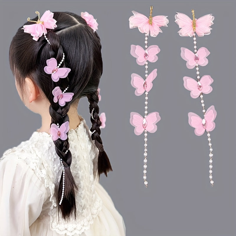 New set of 2 girls' hair clips featuring butterfly imitation pearls, cute mesh yarn flower, long bead tassel, and braided hair chain for youngsters' headwear.