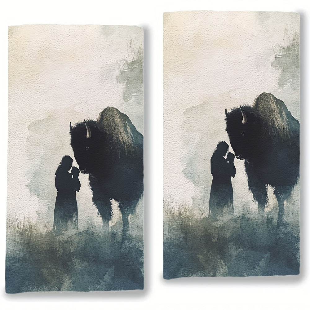 Set of 2 Ultra Soft Kitchen Towels featuring a Watercolor Bison and Human Silhouette Design. Made with highly absorbent polyester, these dish hand towels are machine washable and measure 40.64x60.96 cm. Perfect for adding a touch of holiday decor to your