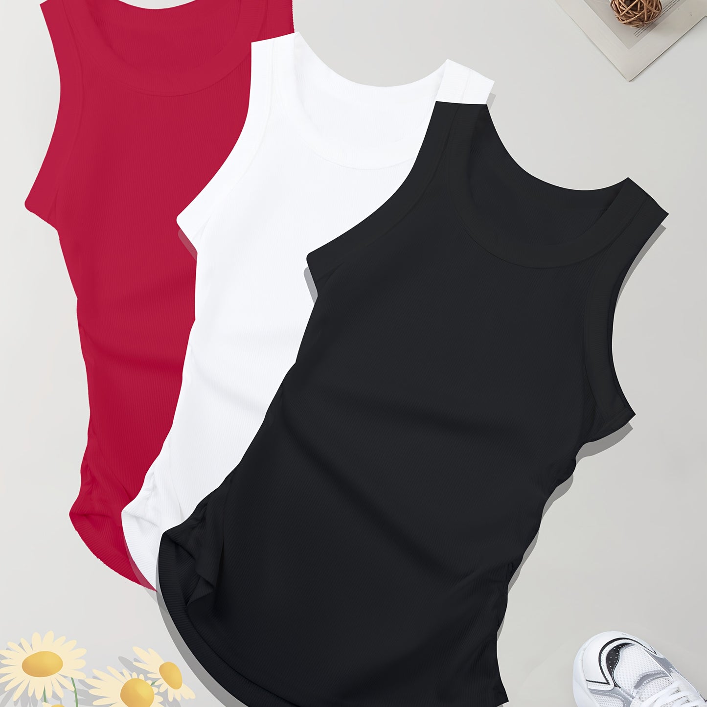 3-piece sleeveless tank tops for women in red, gray, and black. Made of stretchy polyester/spandex blend, machine washable. Suitable for summer workouts and casual wear with a round neck