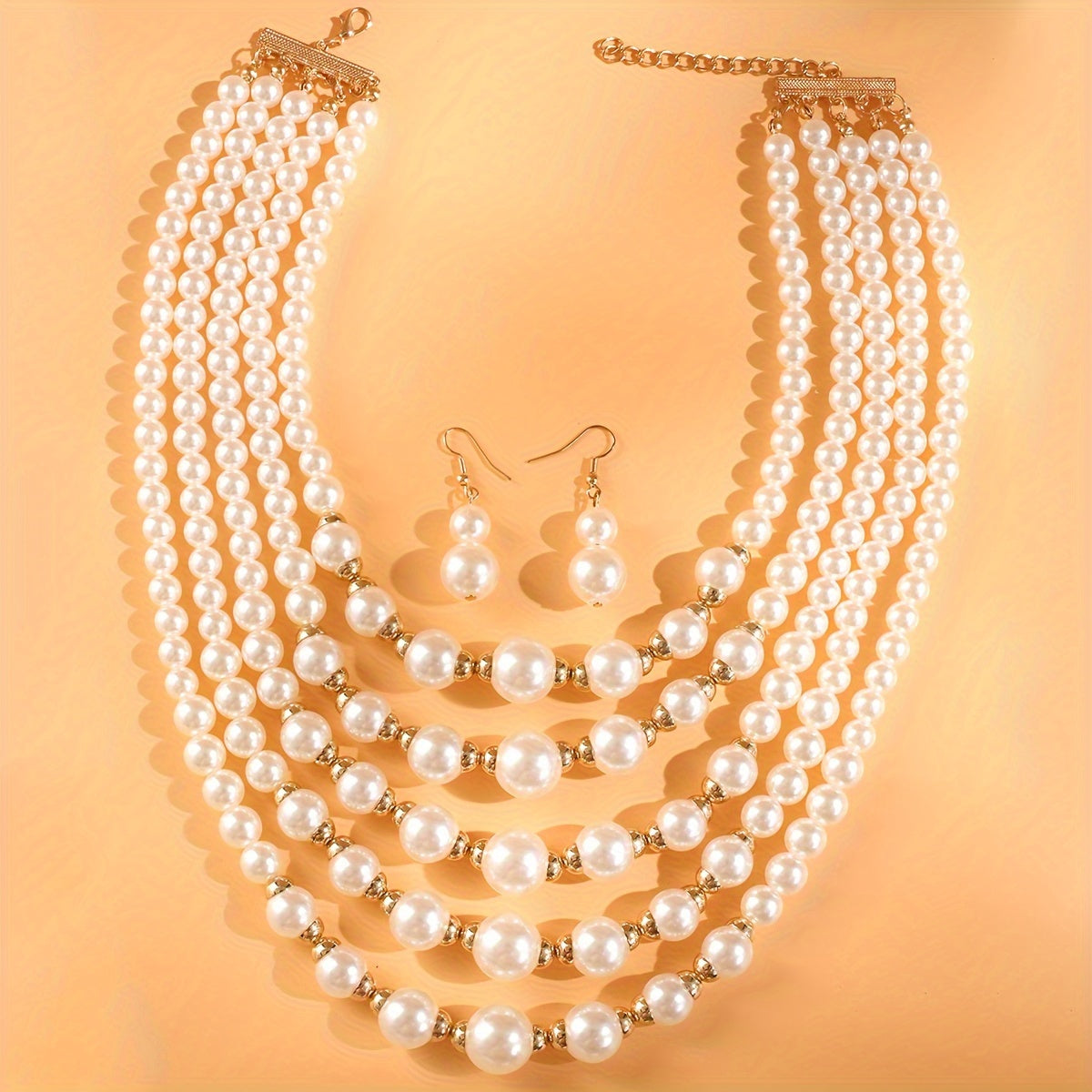 Valentine's Day Special: Elegant Vintage-Inspired Multi-Layer Imitation Pearl Jewelry Set with Necklace and Earrings, Beaded Material, Unplated, Ideal for Weddings and Gifting, Perfect for Any Season