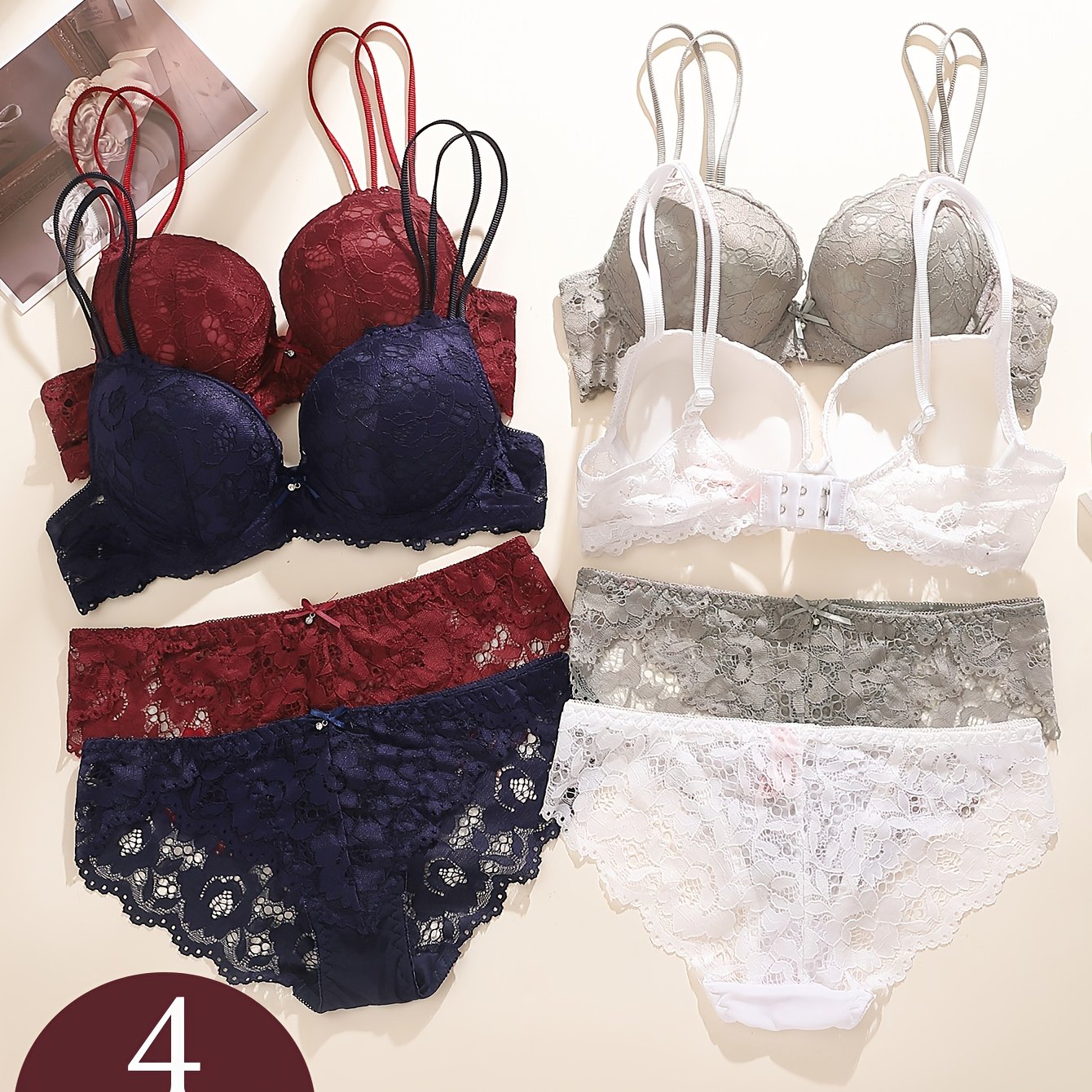 4-piece bra set with steel ring and sexy lace for women, designed to gather, uplift, and prevent sagging.