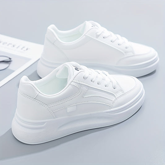 Height increasing lace-up platform skate shoes for women in white, suitable for outdoor walking and available in plus sizes.