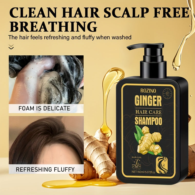 A 150ml ginger shampoo infused with hair care ingredients has a potent scent to moisturize, hydrate, and cleanse hair, leaving it soft and nourished.