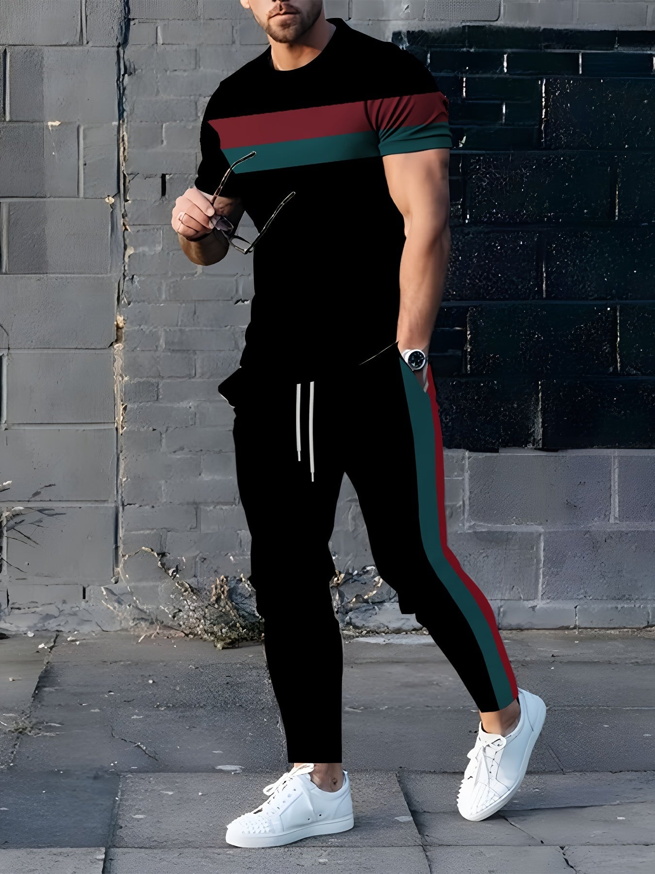 Men's 3D print sports sweatsuit set featuring crew neck short sleeve t-shirt and pants in a striped pattern. Regular fit, made of knit polyester with slight stretch, 180g/m² fabric weight