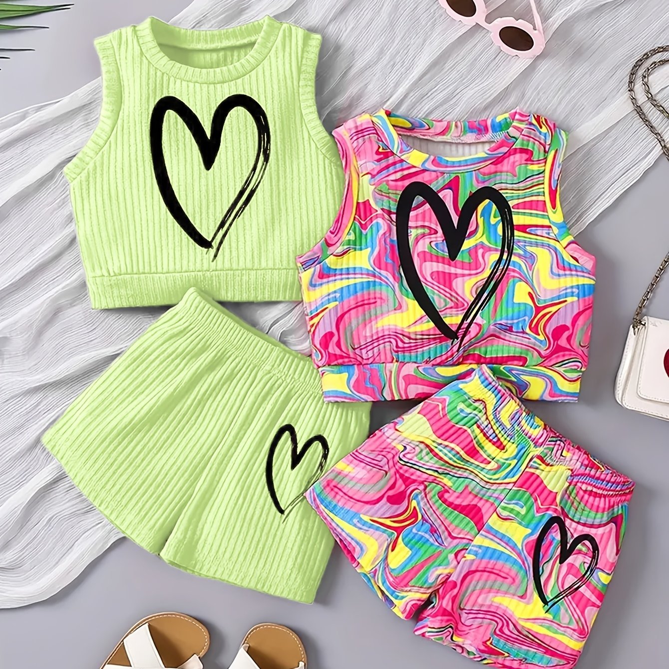 4-piece girls' summer outfit set featuring a strapless heart print tank top and shorts. Made of casual polyester knit fabric with medium stretch for a loose fit. Ideal for outdoor