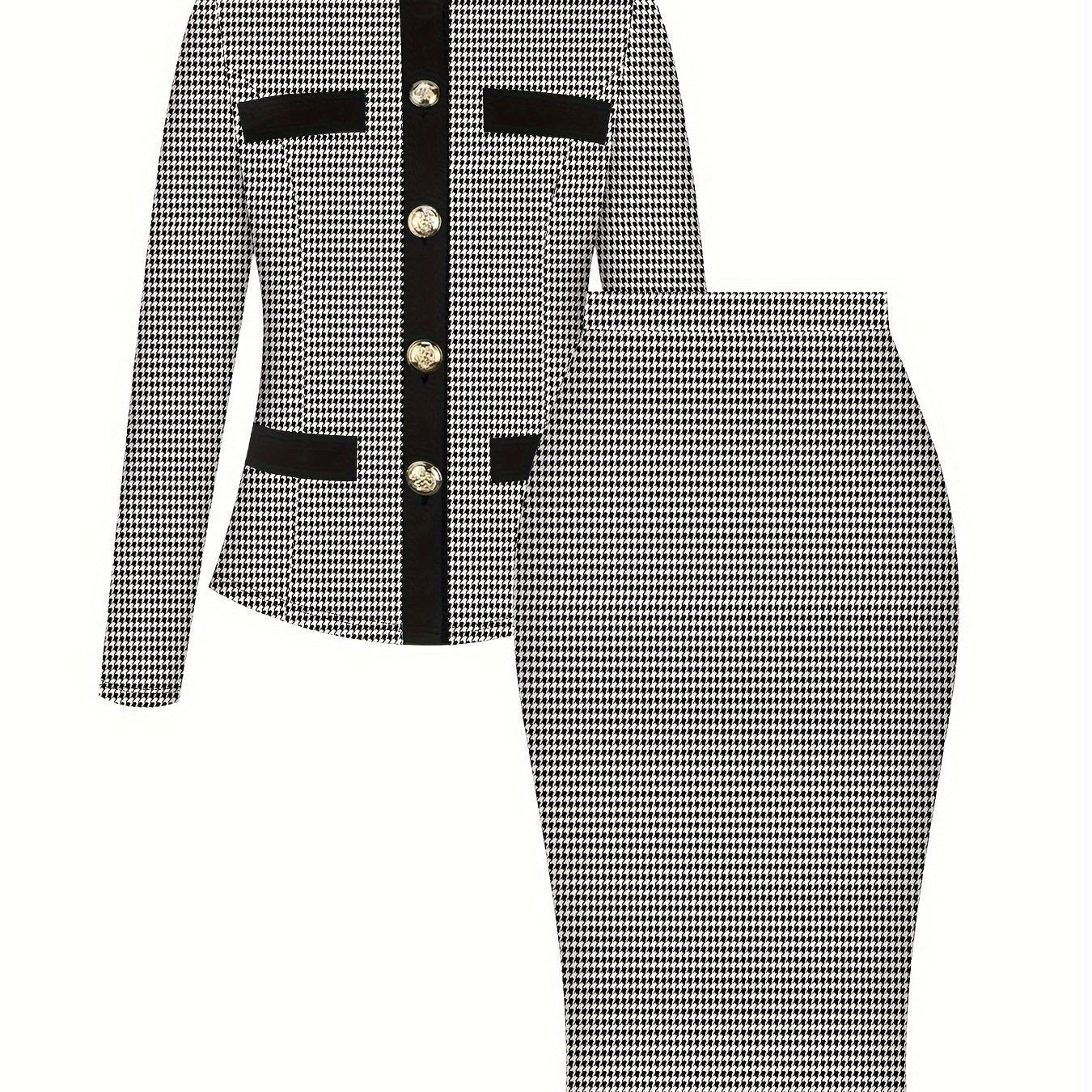 Elegant women's houndstooth print set with long sleeve button top and skirt.