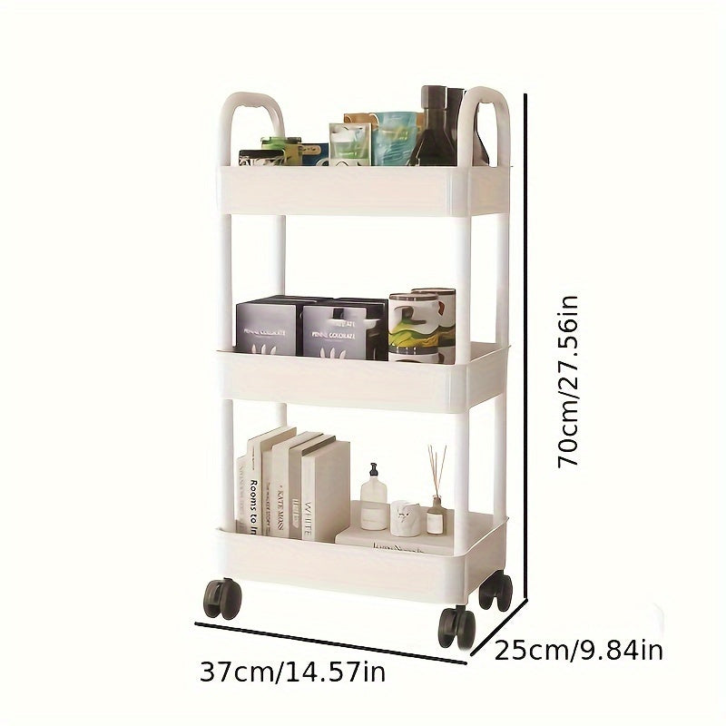 A flexible rolling storage cart on wheels that serves as a multi-tier organizer for snacks and books. Perfect for the kitchen, bedroom, or living room, this space-saving plastic shelving unit is both practical and versatile.