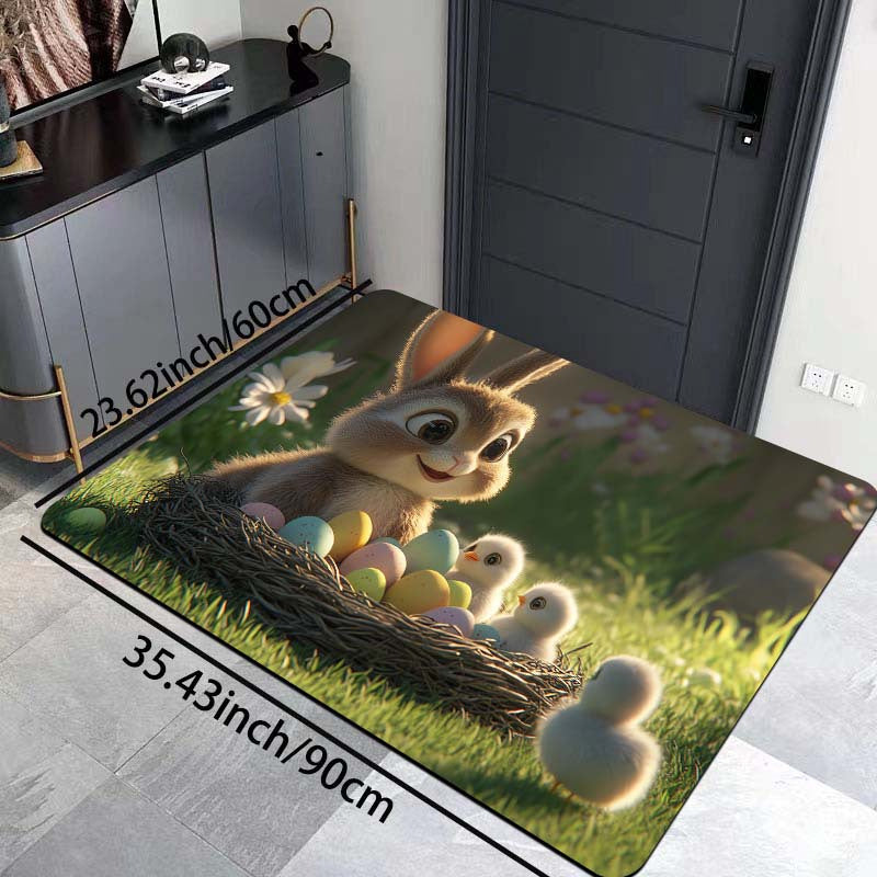 Easter-themed Rug featuring Adorable Rabbit and Chicks design, 8mm Thick Polyester Material for Anti-Slip Properties, Easily Washable Rectangle Mat suitable for Kitchen, Living Room and Bedroom Decor