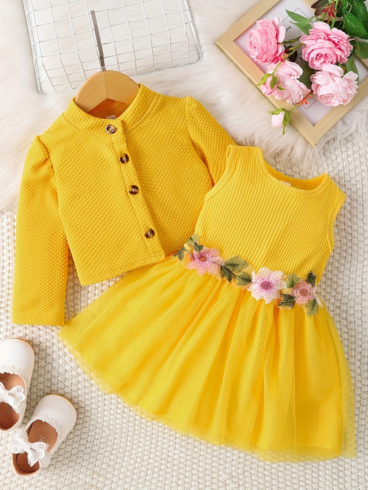 Floral dress set with long sleeve jacket for girls.