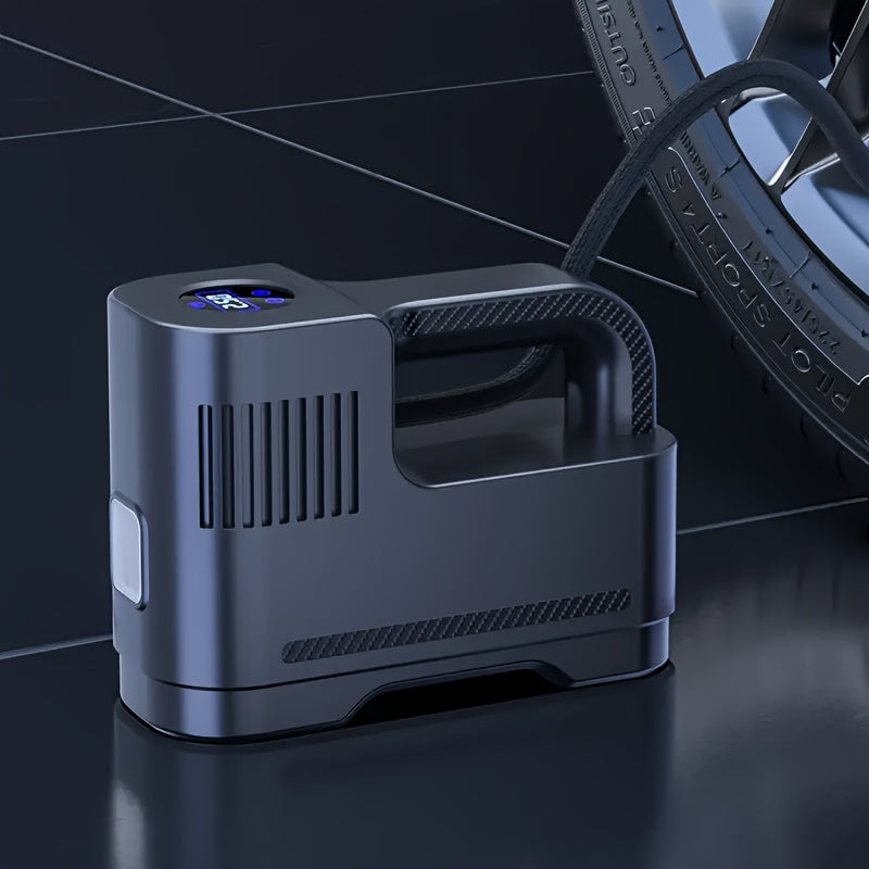 Compact digital tire inflator for car and motorcycle with LED lights.