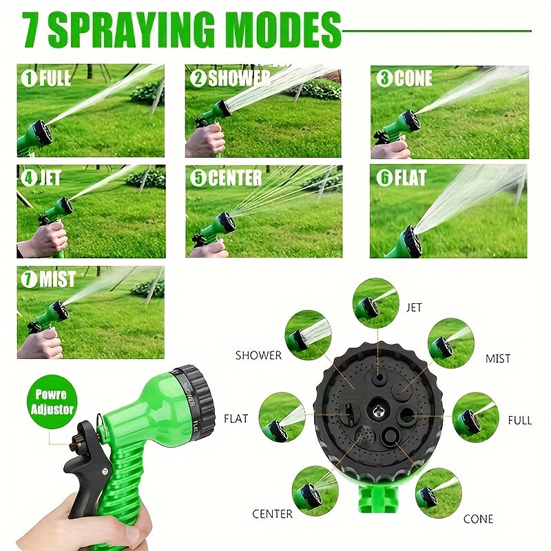 Magic Retractable Garden Hose with High Pressure and Multi-Function capabilities, includes extendable nozzle, rubber material, connectors, cleaning tool, and dust removal. Comes in