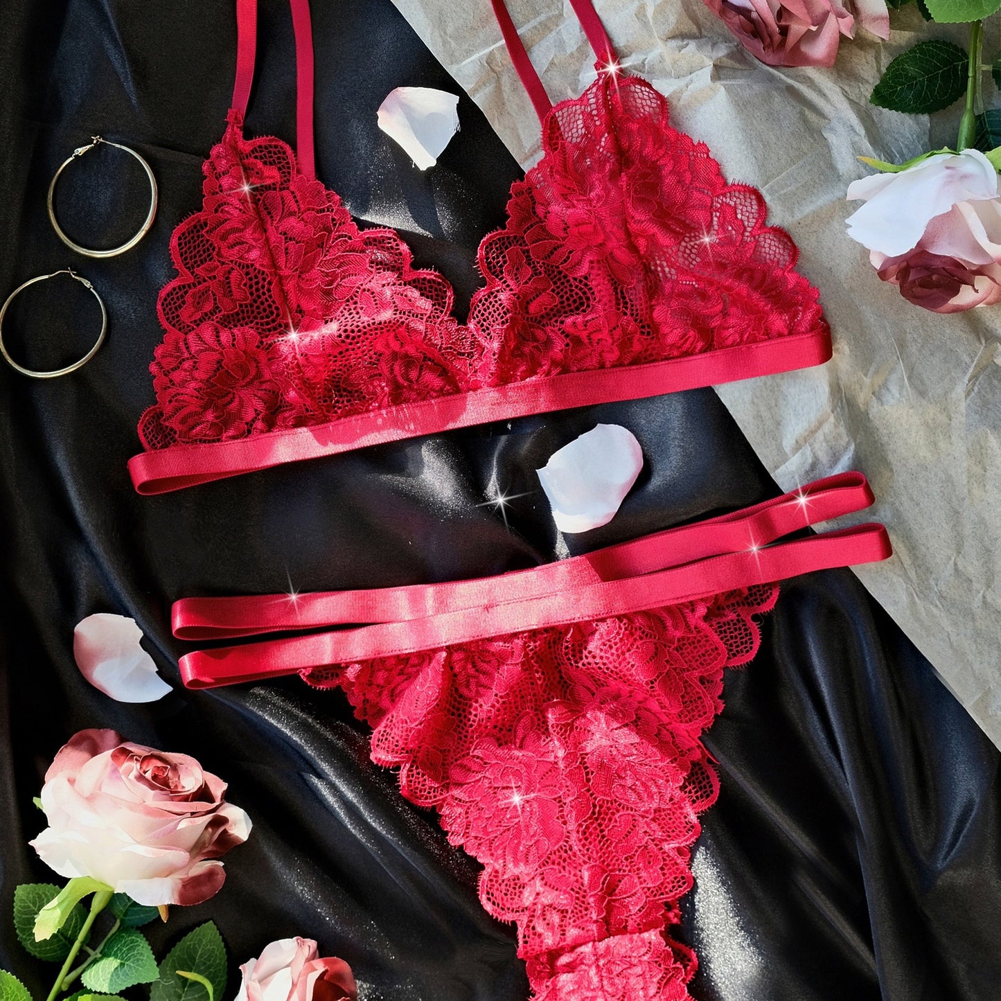 Floral lace lingerie set with semi-transparent design and floral detailing