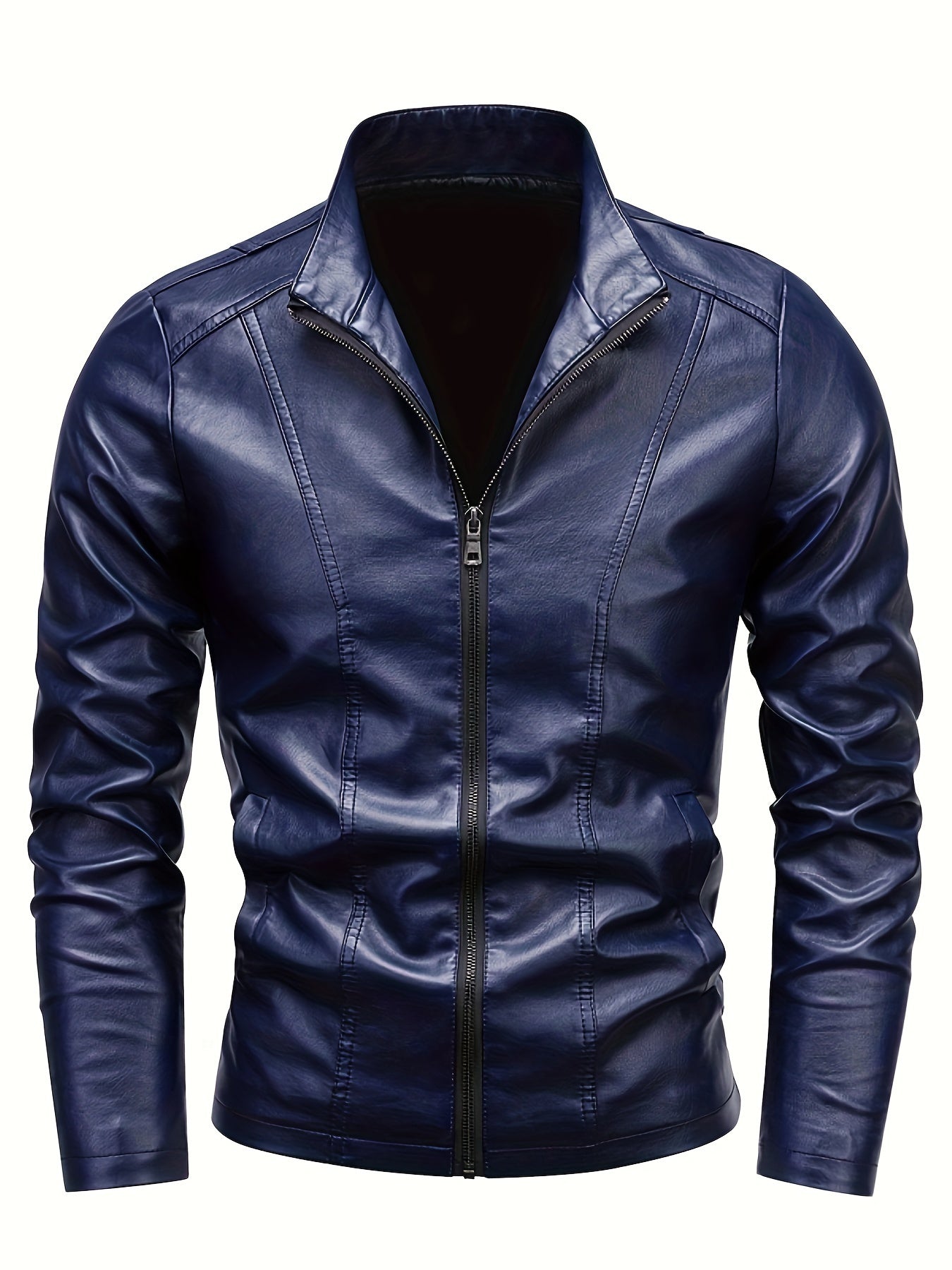 Men's Casual PU Leather Jacket with Stand Collar and Zipper Placket, Regular Fit and Long Sleeve, Non-Stretch Woven Moto Style Outwear.