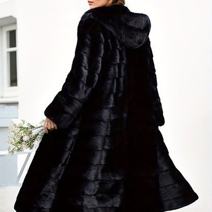 Plus size faux fur coat with pockets and hood, perfect for fall & winter.