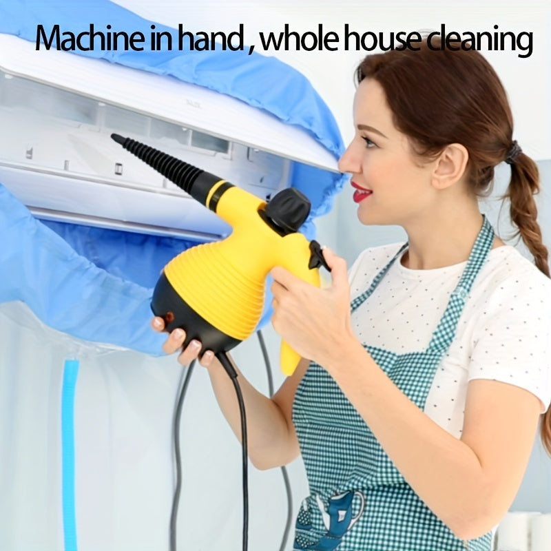 Versatile handheld steam cleaner with 9 accessory kit for easy stain removal on various surfaces. EU plug, 600W+ power.