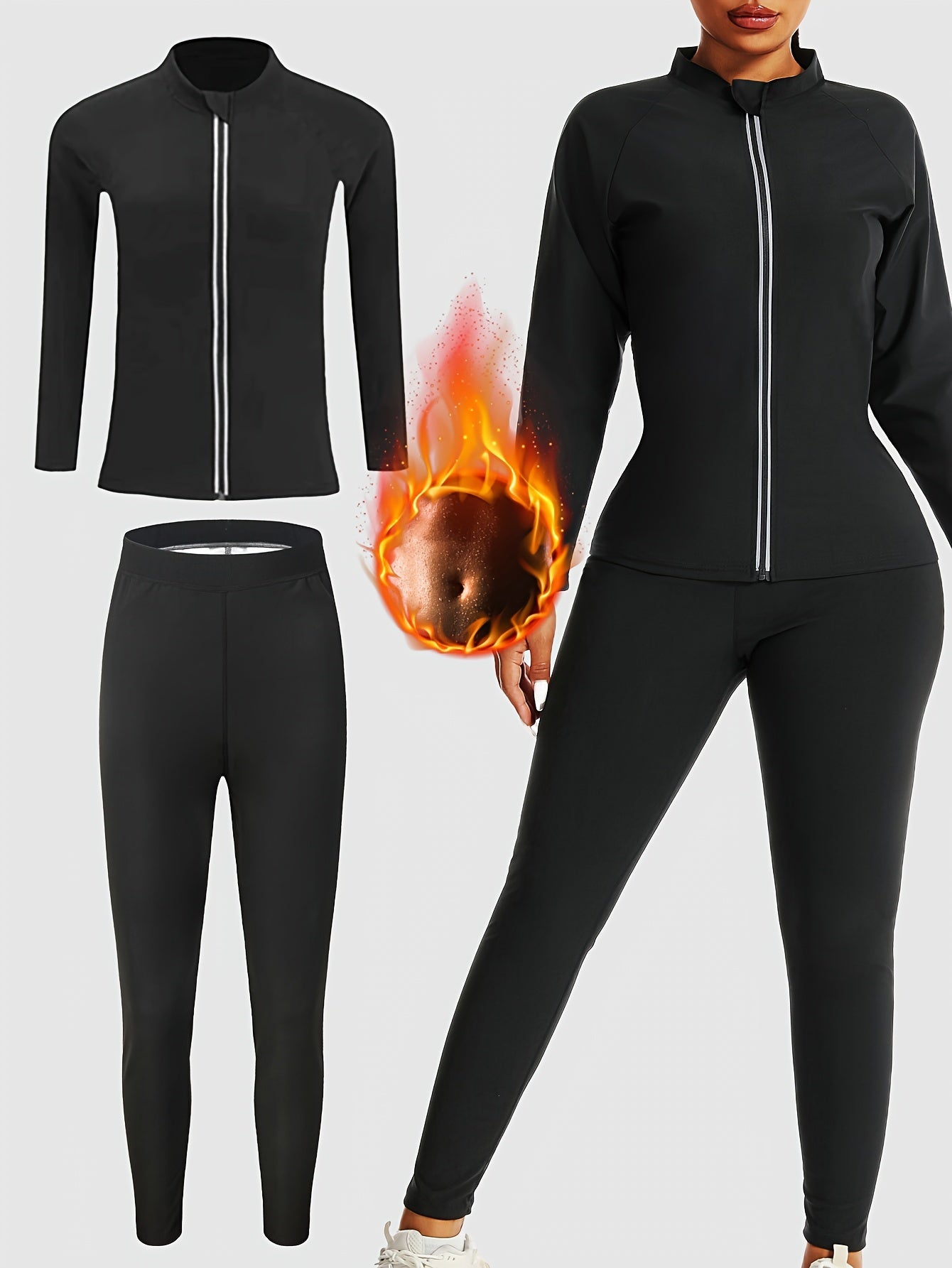 Women's sauna sweat suit set with long sleeve zip-up jacket and pants, high neck, stretchable fit, made of polyester spandex, machine washable. Ideal for enhanced sweating during yoga and