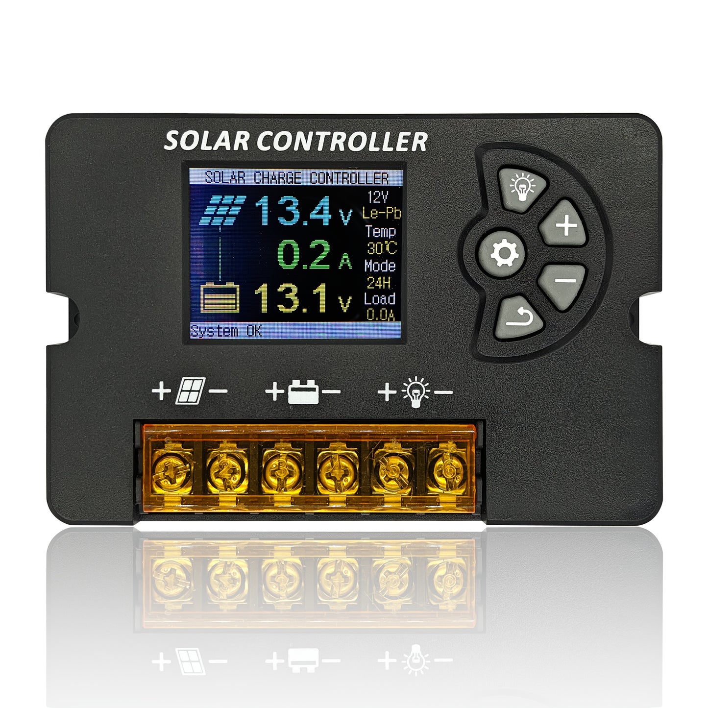 POWLSOJX Solar Charge Controller with LCD Display, Adjustable PWM, supports up to 30A panel power, ideal for battery charging and outdoor energy systems.