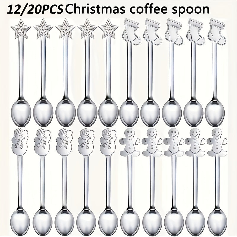 Get a set of 12/20 charming Christmas spoons made of top-quality stainless steel. These mini spoons are ideal for stirring coffee, tea, cocktails, milkshakes, and jams. They make the perfect festive table decoration for Christmas parties with 4 different