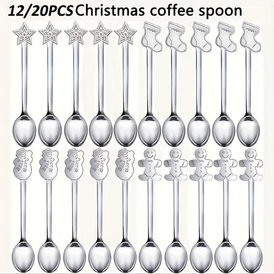 Get a set of 12/20 charming Christmas spoons made of top-quality stainless steel. These mini spoons are ideal for stirring coffee, tea, cocktails, milkshakes, and jams. They make the perfect festive table decoration for Christmas parties with 4 different