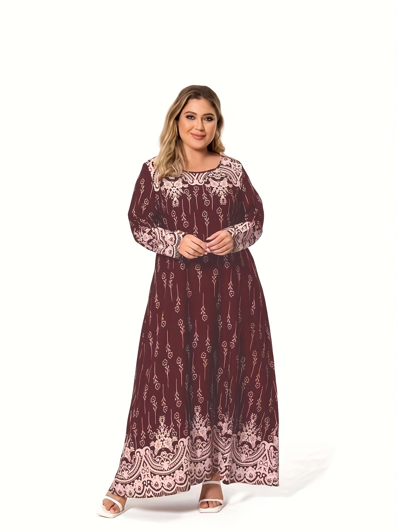 Plus size casual dress for Ramadan with floral print, long sleeves, and round neck.