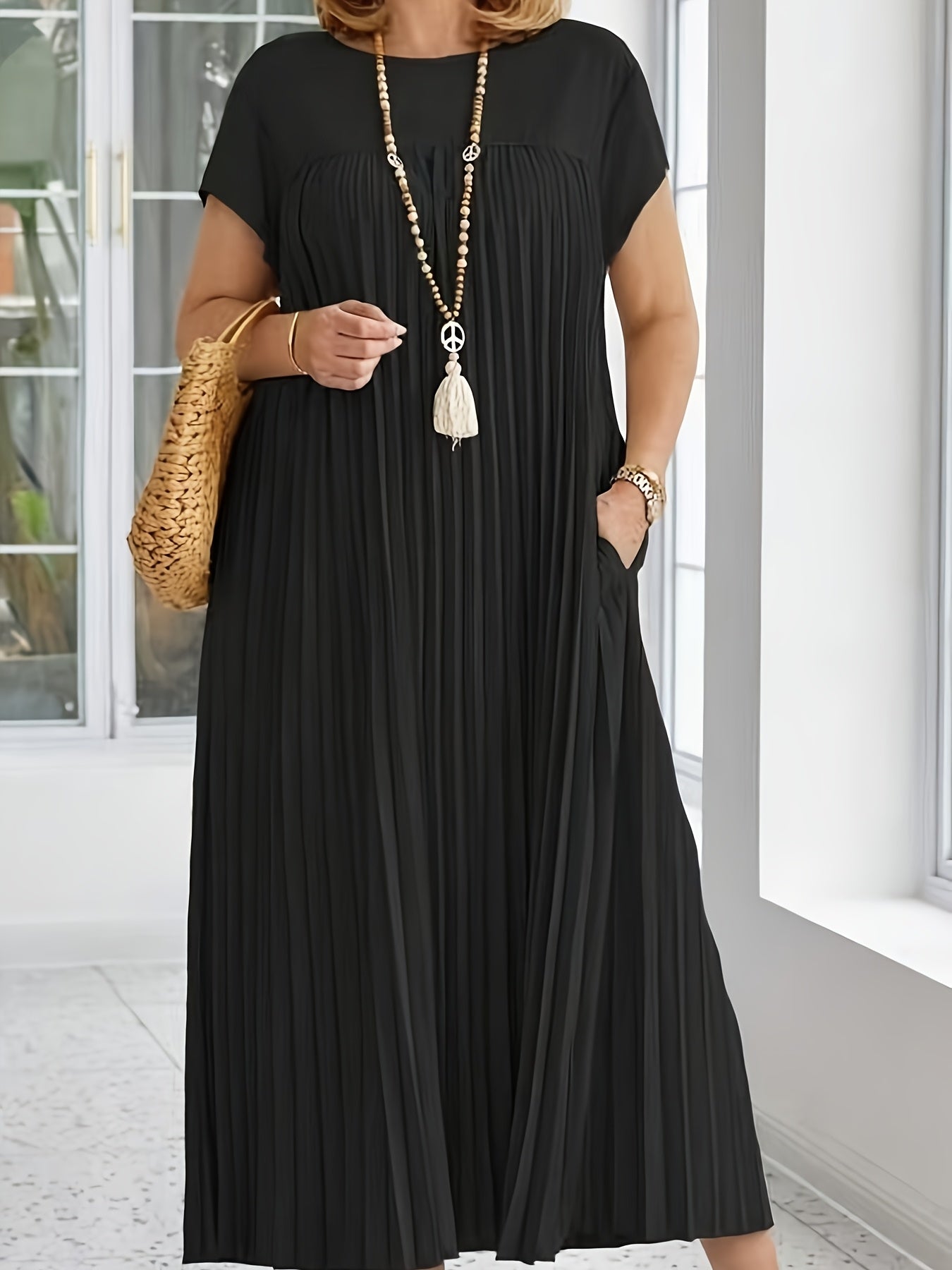 Black pleated midi dress for women, chic short sleeve, round neck, made of polyester & spandex blend, non-stretch woven fabric, ideal for all seasons.